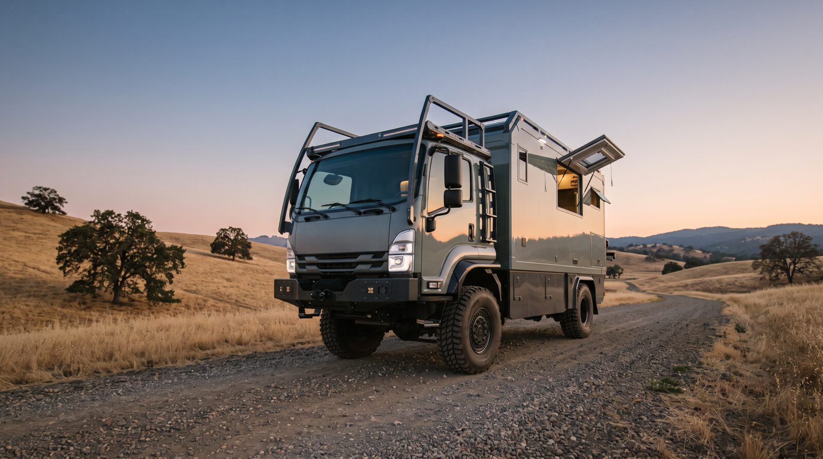 Expedition truck parked on a gravel road through golden oak-dotted hills at dusk