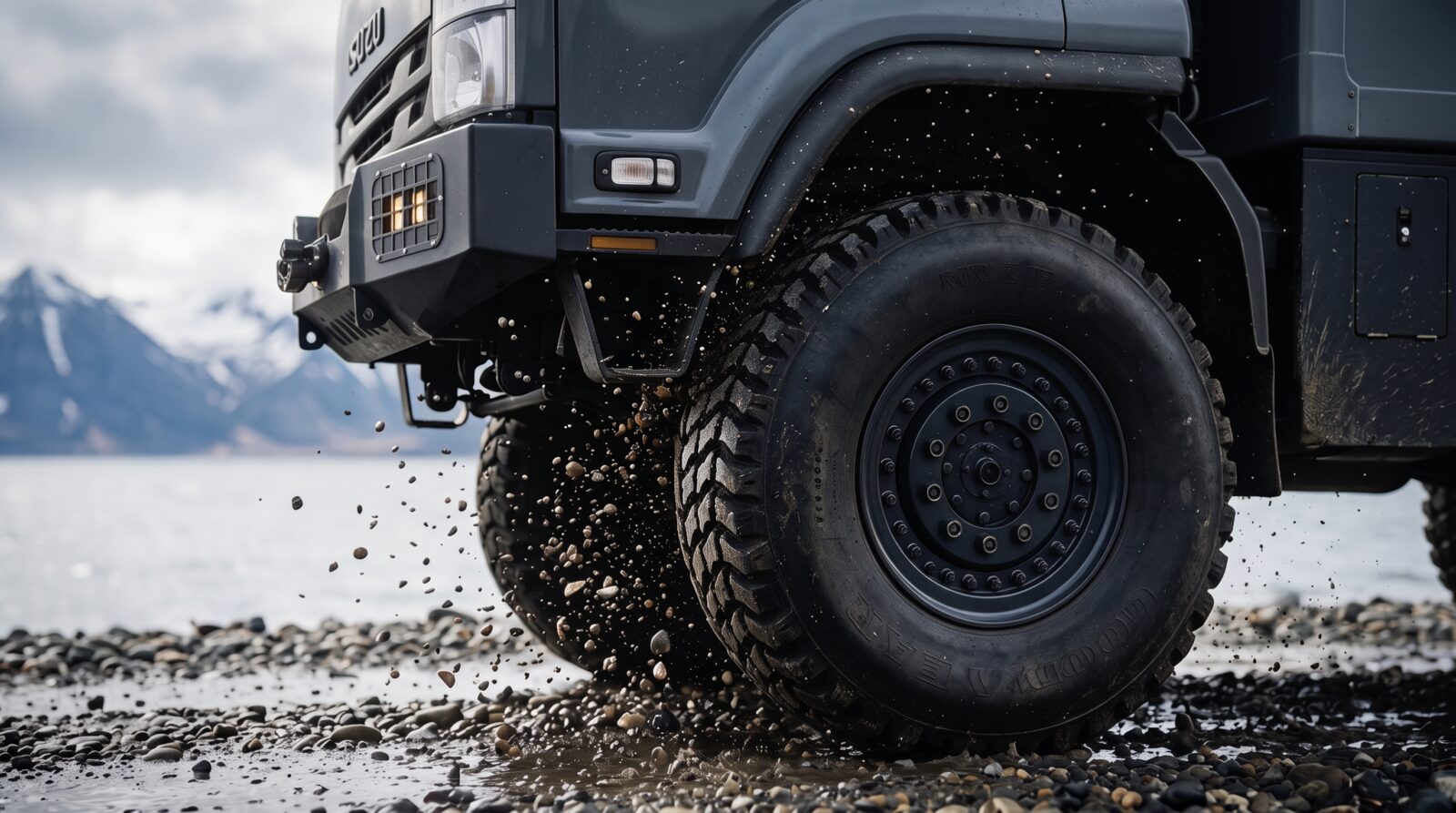 Tire detail on a gravel shoreline with mountains