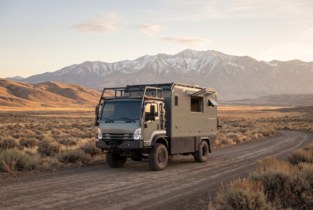 Expedition truck on a dirt road in a Great Basin valley