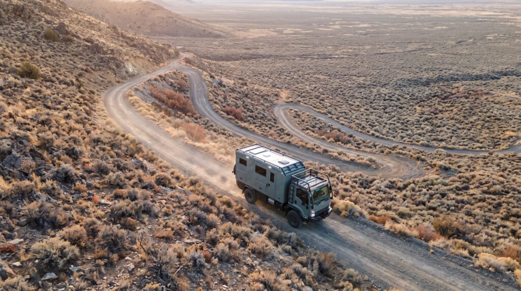 Expedition truck descending a Nevada mountain road, seen from above